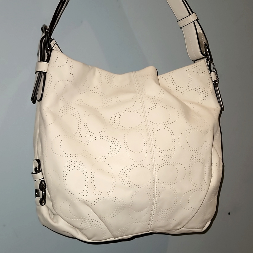 Coach Signature Shoulder Bag Crossbody Perforated  East/West Cream Leath…